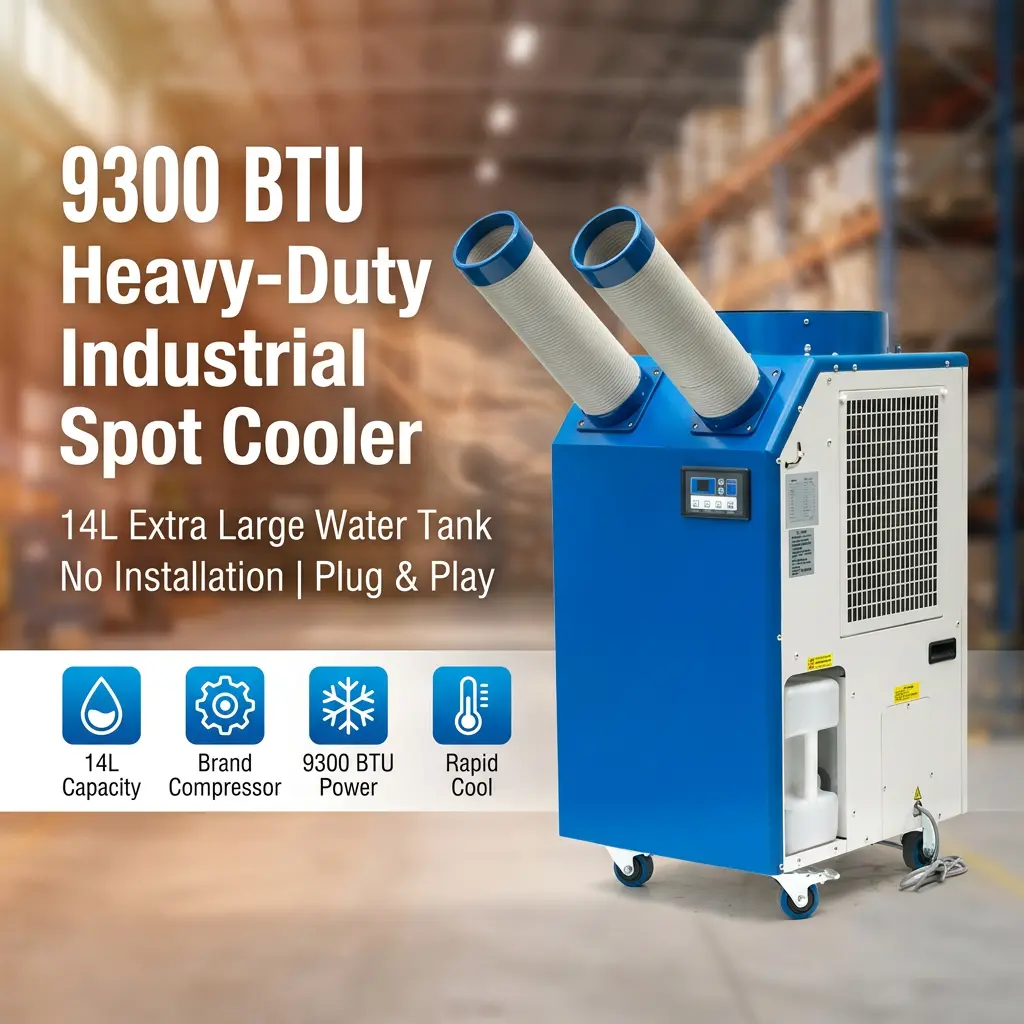 OEM 14L Large Tank 2700W Power 9300BTU Rotary Compressor Spot Cooler Potable Spot Cooler تهویه مطبوع صنعتی کارگاهی